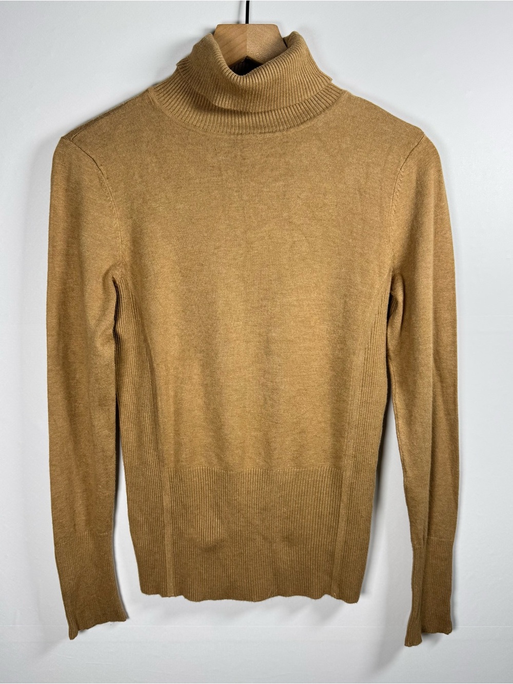 CACHE Tan Turtleneck Ribbed Knit Sweater Zipper Cuff Long Sleeve Sz M